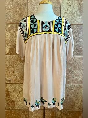 Layerz Embroidered Peasant Top in Cream with Cactus Accents Size 2X